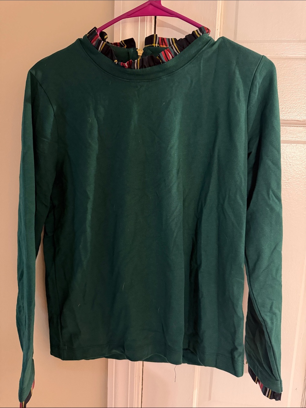 J. Crew Forest Green Long-Sleeve Tee with Striped Ruffle Collar